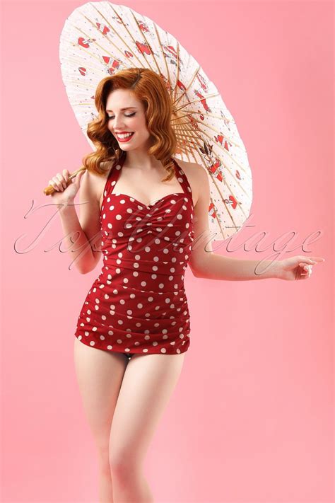 Classic Fifties 1 Piece Retro Swimsuit Polka Red White From Topbrand