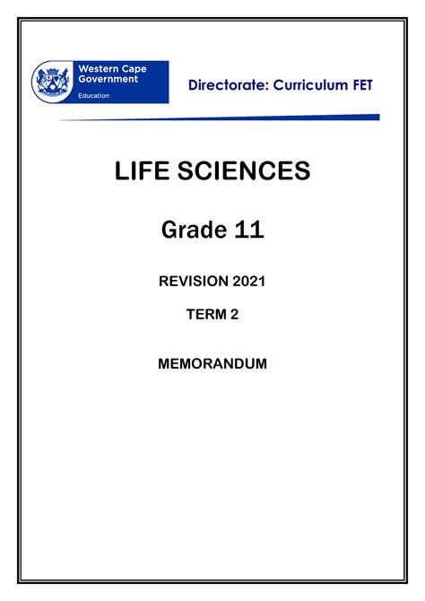 Life Sciences Grade 11 Revision Memo Term 2 2021 Directorate Curriculum Fet Life Sciences