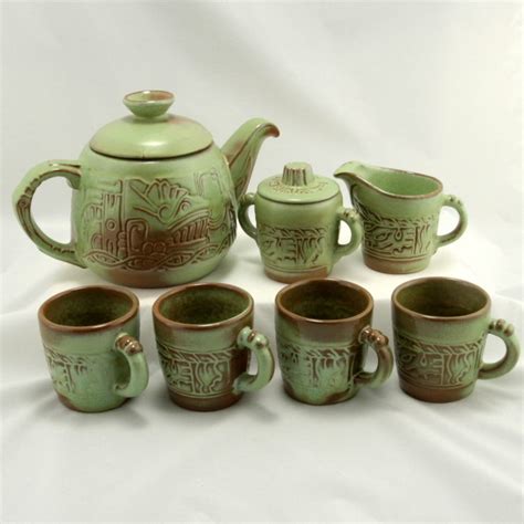 Frankoma Mayan Aztec Prairie Green Pot Creamer Sugar Cups Tea Set Vtg