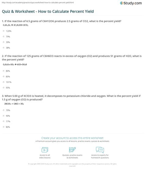 Percent Yield Calculations Worksheet