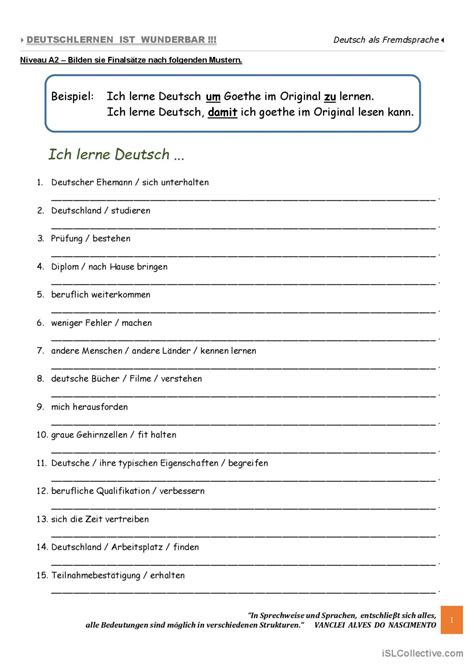 A2 Bilden Sie Finalsätz Deutsch DAF Arbeitsblätter pdf doc