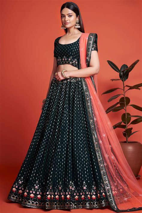 Buy Deep Bottle Green Georgette Embroidered Lehenga Set Online Like A