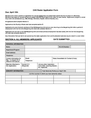 Fillable Online Cas Roster Application Form Due April Th Section A