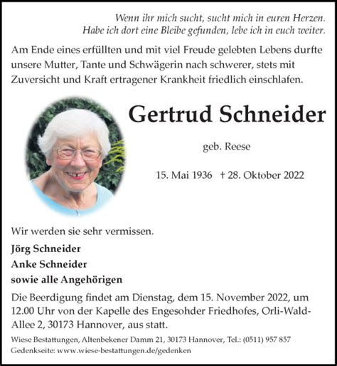 Traueranzeigen Von Gertrud Schneider Trauer Anzeigen De