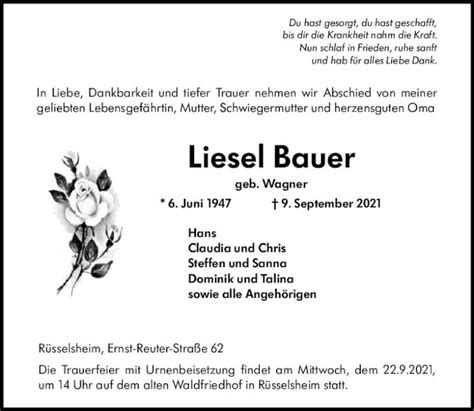 Traueranzeigen Von Liesel Bauer Vrm Trauer De