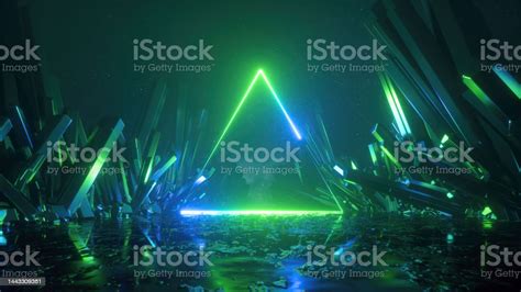 3d Rendering Abstract Green Neon Background With Crystals And Glowing