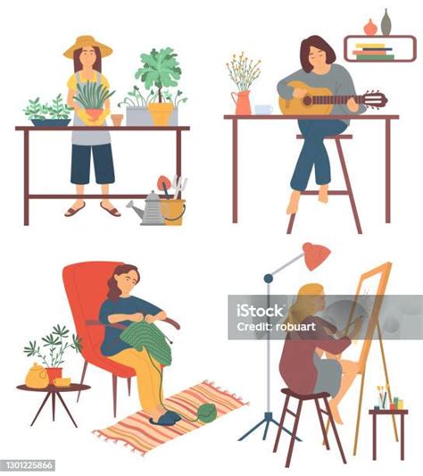 Wanita Di Rumah Bermain Gitar Dan Hobi Menggambar Ilustrasi Stok