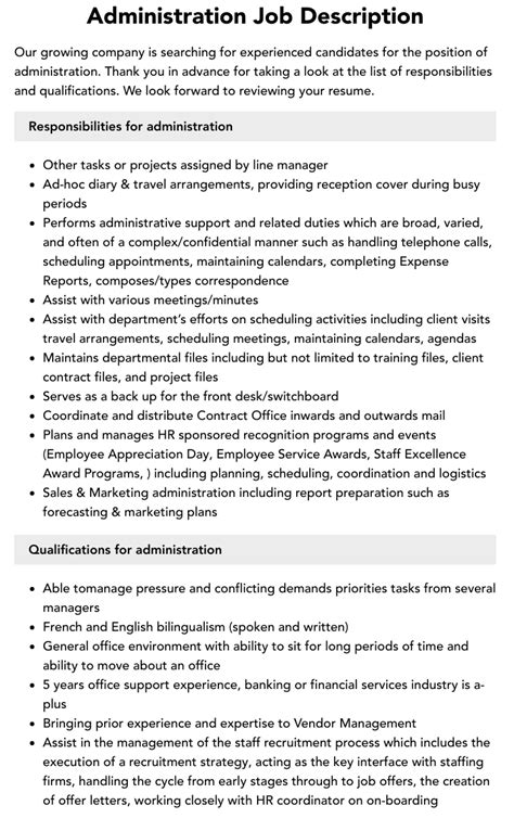 Administration Job Description Velvet Jobs