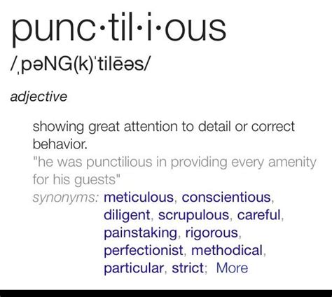 Punctilious: Showing great attention to detail or correct behavior ...