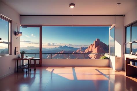 Premium AI Image | A large window with a view of the mountains and the ...