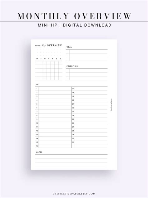 Monthly Overview Mini Hp Planner Insert Printable Template Etsy