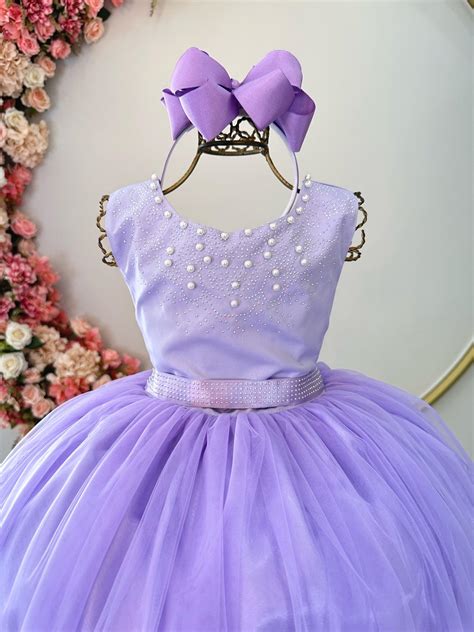 Vestido Infantil Damas de Honra Longo Lilás Pérolas e Strass Rosa