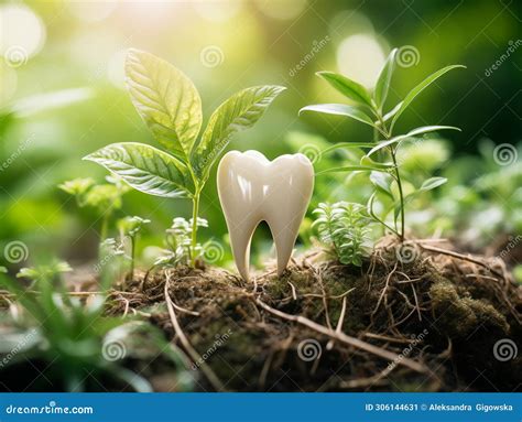 Tooth With Plants On The Ground Isolated Over Light Background Eco