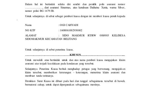 Contoh Surat Kuasa Pengajuan Klaim Asuransi Kendaraan Berbagai Contoh Otosection