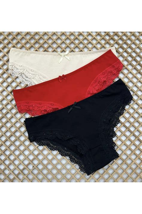 DONLİZZA Dantelli Bikini Kırmızı Siyah Ten 3 Adet Fiyatı Yorumları