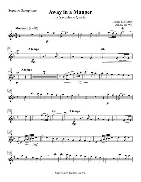 Away In A Manger For Saxophone Quartet Arr Ian Wei Sheet Music