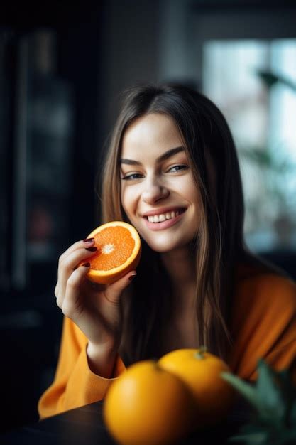 Retrato De Uma Jovem Feliz Desfrutando De Uma Fruta Em Casa Criada