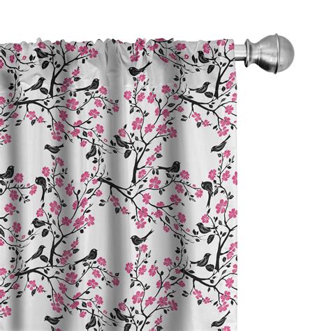 Ambesonne Cherry Blossom Curtains Sakura Tree Bird Pair Of X Black Hot Pink White