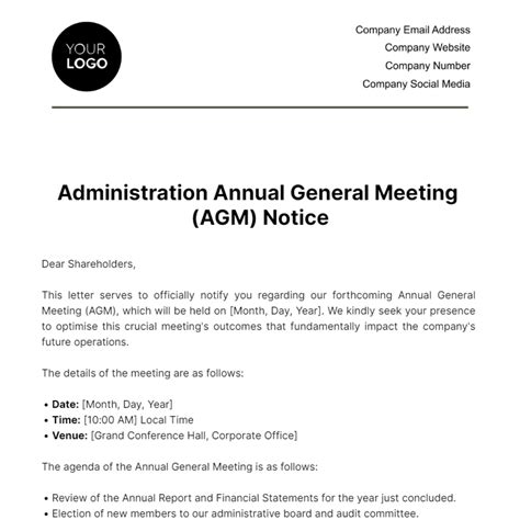 Administration Annual General Meeting Agm Notice Template Edit