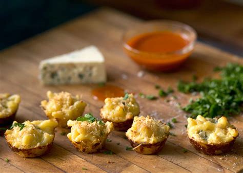 blue cheese macaroni bites with buffalo dipping sauce — Recipe Fiction