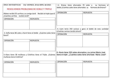 Ficha De Problemas De Doble Y Triple Área MatemÁticas Día Viernes