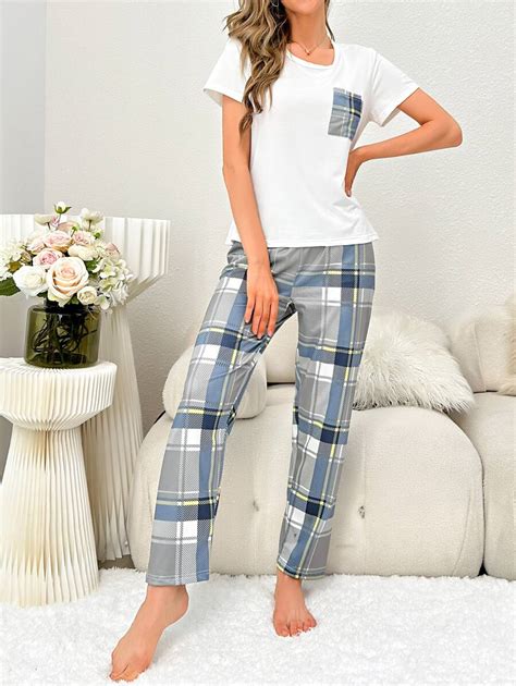 Plaid Print Pocket Patched PJ Set SHEIN USA