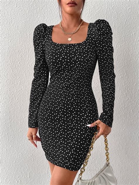 SHEIN Privé Heart Print Puff Sleeve Polka Dot Bodycon Dress SHEIN USA