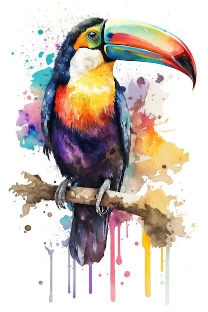 A Colorful Toucan Sitting On Top Of A Branch With Paint Splatters