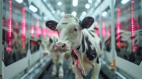 Holstein Cow In A High Tech Dairy Farm With Pink LED Lighting Stock