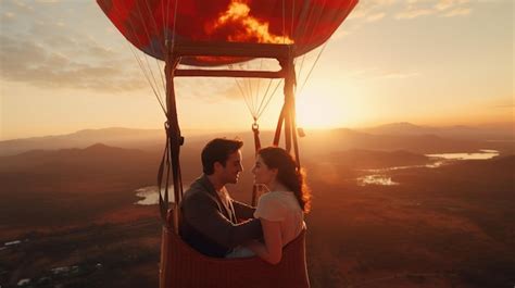 Premium AI Image Man And Woman Sitting In Hot Air Balloon Aerial Adventure For Adventurous