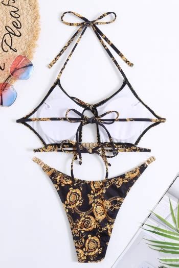 Wholesale Sexy Batch Printing Padded Halter Lace Up Bikini Set Ba