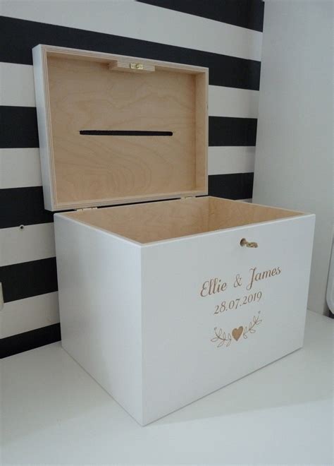 Personalized White Wedding Wooden Card Box With Slot Engraved Greeting