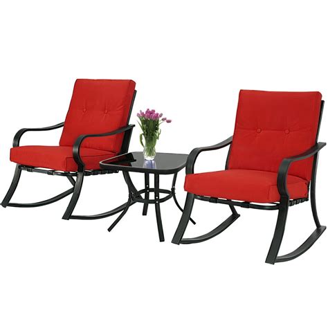 Suncrown Outdoor 3 Piece Rocking Chairs Bistro Set Black Metal Patio Furniture With Red