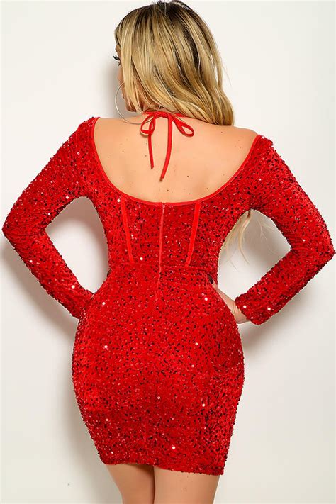 Sexy Red Sequin Mesh Long Sleeve Halter Party Dress Amiclubwear