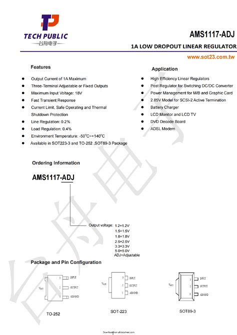 AMS1117 ADJ Datasheet 1 8 Pages TECHPUBLIC 1A LOW DROPOUT LINEAR