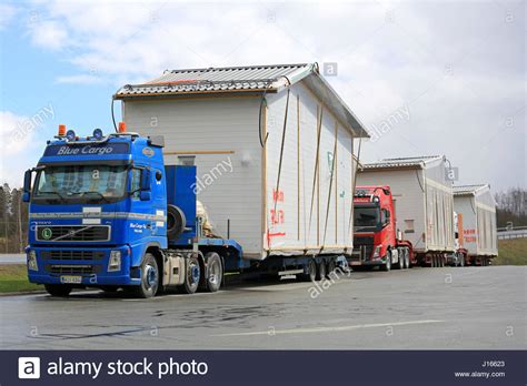 Forssa Finland April Convoy Of Three Trucks Blue Volvo Fh