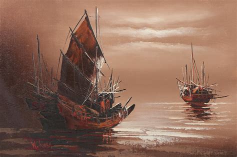 W Kwan Oil Painting Of Chinese Junk Boats Ebth