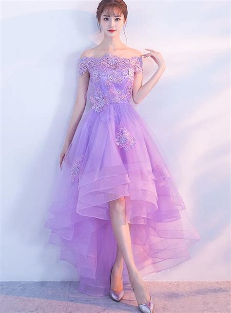 Cute High Low Lavender Tulle Party Dress Off The Shoulder Homecoming