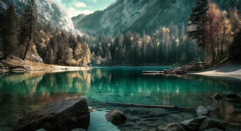 Premium Photo | An alpine lake in a forest with mountains in the background