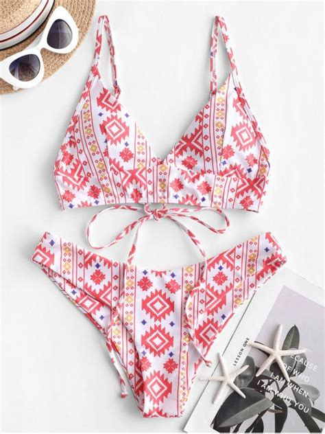 [36 Off] 2021 Zaful Bohemian Geometric Lace Up Bikini Swimsuit In