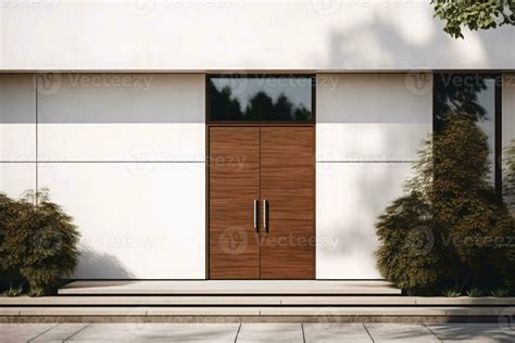 Modern minimalist home exterior. Windows and doors in white and brown ...