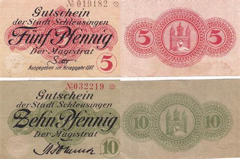 5 10 Pfenning 1917 Zwei Notgeldscheine Aus Schleusingen III MA Shops