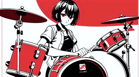 Anime Girl Drummer Heroic Minimalist Design in Red Black and White ...