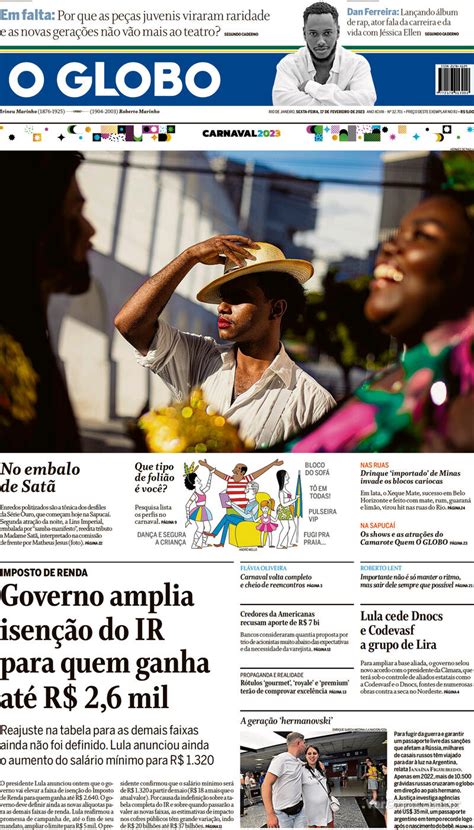 Capa O Globo Edi O Sexta De Fevereiro De