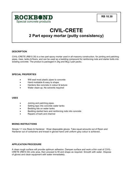 Civil Crete 2 Part Epoxy Mortar Putty Consistency Rockbond