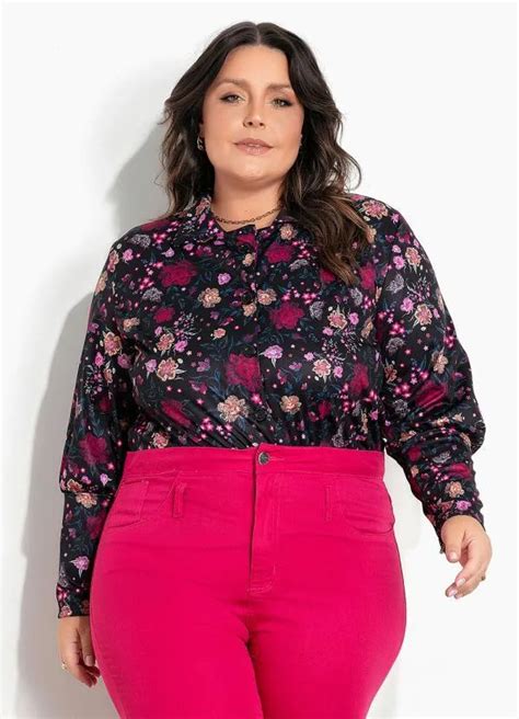 Camisa Floral Mangas Bufantes Plus Size Marguerite