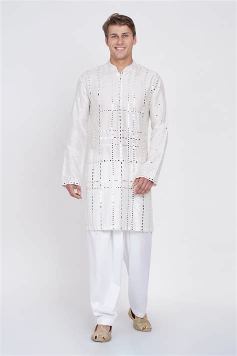 Buy White Dupion Silk Embroidered Mirror Work Short Kurta For Men By