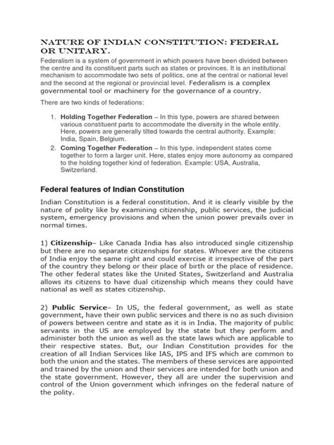 Nature Of Indian Constitution Pdf Federation Federalism