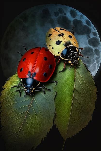 Premium Ai Image Two Ladybugs Are Sitting On A Leaf With The Moon In