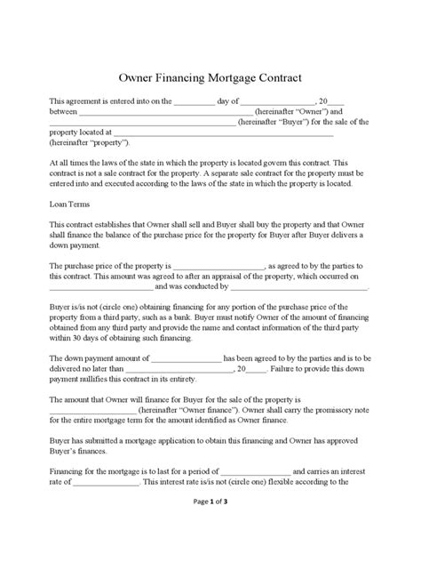 owner financed home contract template  template